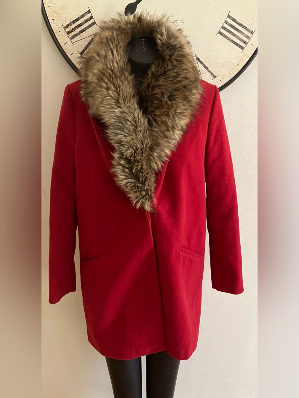 EUC Atmosphere Red Faux Fur Collar Wool-Blend Coat Size 8